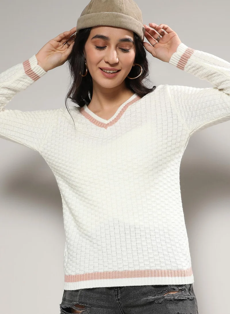 Women's White Contrast Hem Knit Sweater