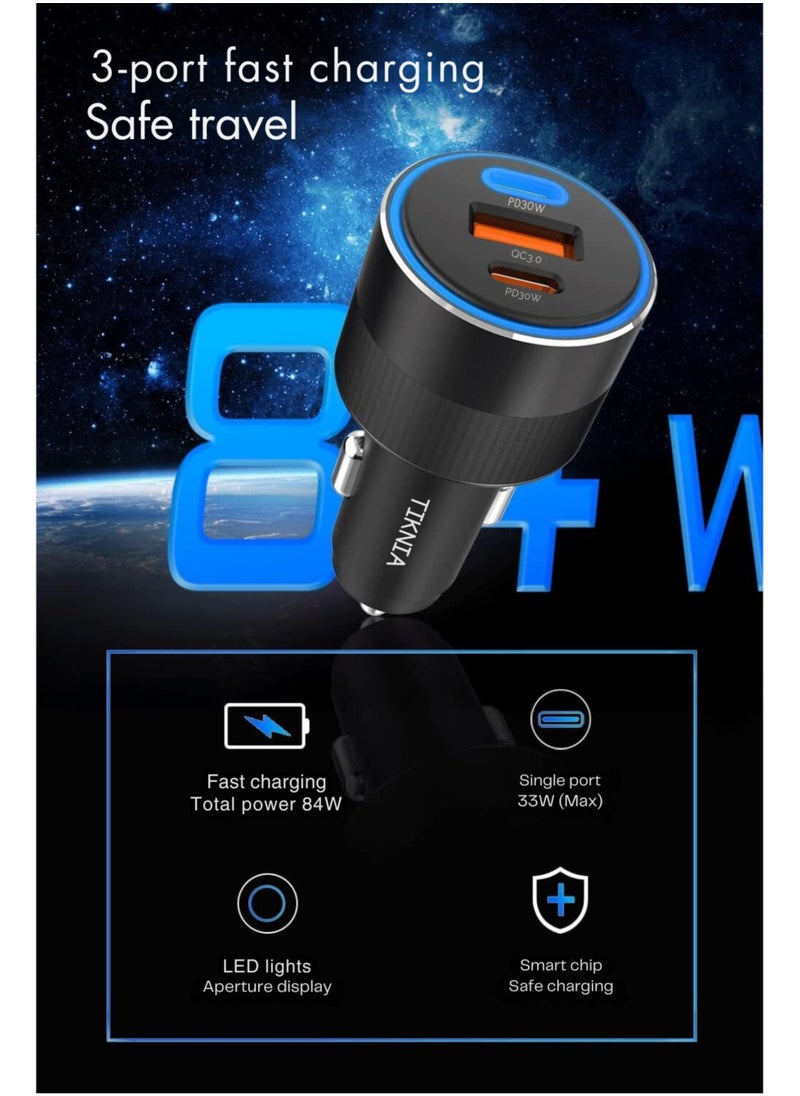 TIKNIA 84W USB C Fast Car Charger, 3-Ports USB Charger PD 30W + 30W & QC 3.0 Fast Car Adapter Compatible with iPhone, iPad, Tablet & Android, Car Fast Charger Power Adaptor  - Image 2
