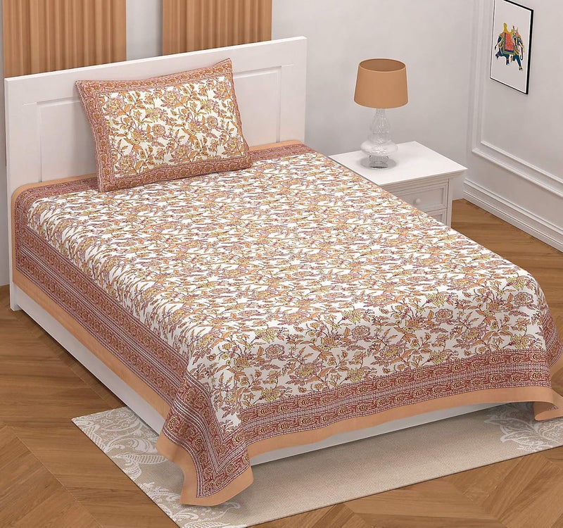 EasyGoods 240 TC Cotton Bedsheet for Single Bed Orange Ethnic08 Bedsheet Single Size Bed CottonSingle Size BedsheetSingle Bedsheet with 1 Pillow Cover 60x90 Inch Handcrafted Bed Sheets - Image 1