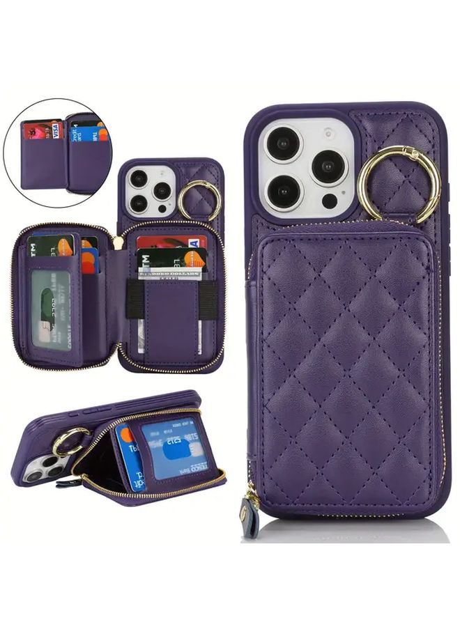 محفظة هاتف Deep Purple بتصميم جلد النمر، متوافقة مع iPhone 16 Pro، تحتوي على فتحة للبطاقات، جيب بسحاب وحلقة حامل - Image 1