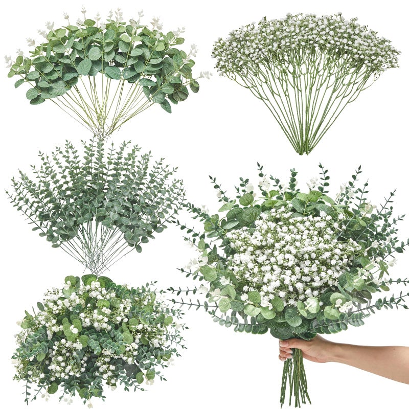 Serwalin 100 Pcs Mixed Artificial Eucalyptus StemsBabys Breath Artificial Flowers Bulk with Faux Eucalyptus Leaves Greenery Stems for Wedding DIY Bouquets Floral Arrangement Home Decor