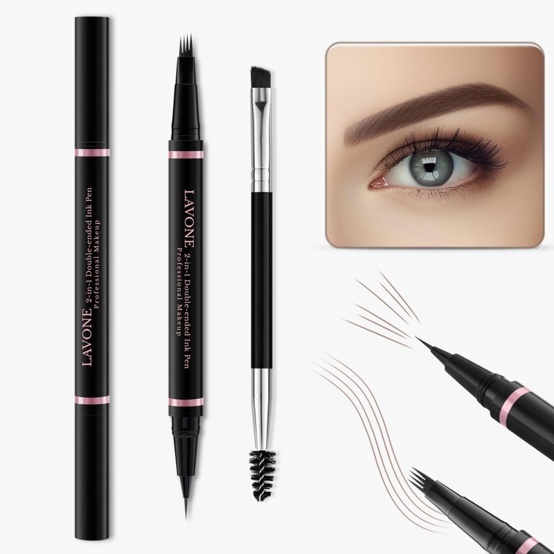 LAVONE Eyebrow Pencil Makeup Kit, with Waterproof 2-IN-1 Microblading Eyebrow Pen, Eyebrow Pomade, Eyeliner and Dual-ended Eyebrow Brush, Brow Pencil Kit for Natural Eyebrows - Ash Blonde - Image 2