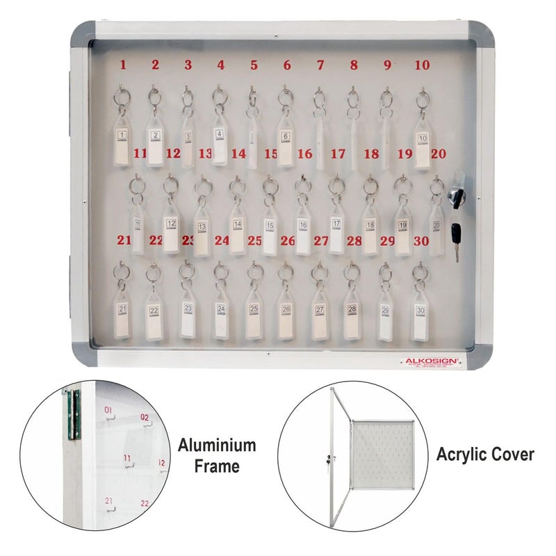 ALKOSIGN Key Cabinet for 30 Key-Chains with Laminated Back and Steel Fitted Hooks | Lockable Key Storage Box with Acrylic Cover for Industrial Use, Offices, Hotels - Image 4