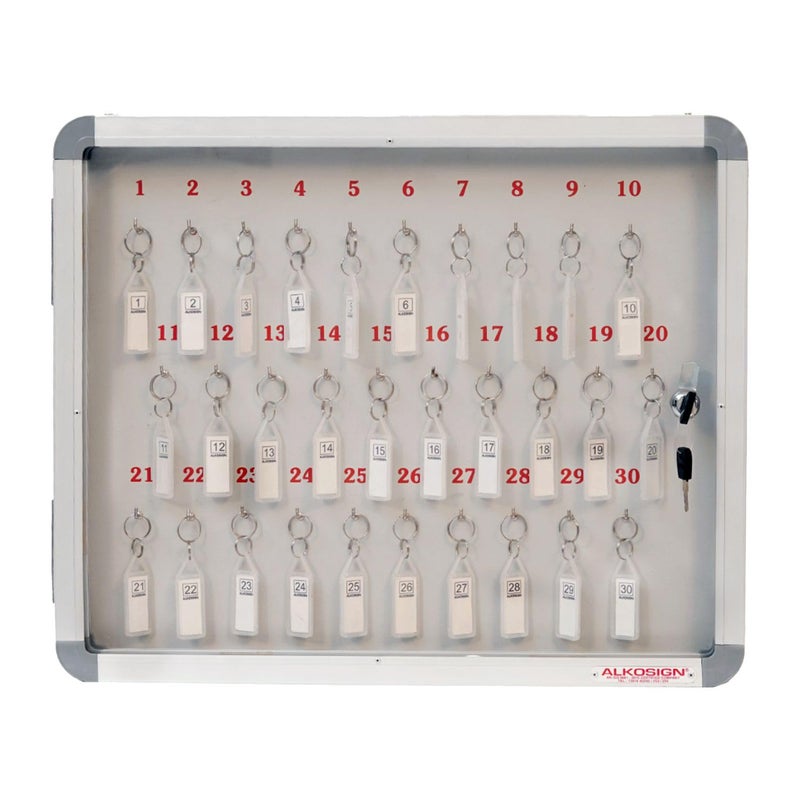 ALKOSIGN Key Cabinet for 30 Key-Chains with Laminated Back and Steel Fitted Hooks | Lockable Key Storage Box with Acrylic Cover for Industrial Use, Offices, Hotels - Image 1