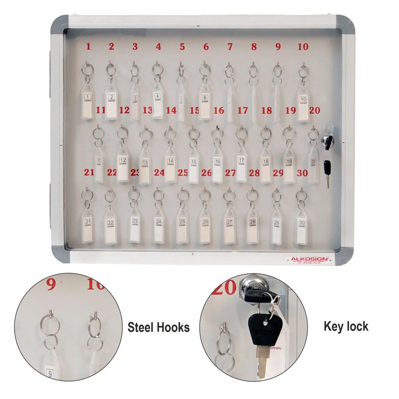 ALKOSIGN Key Cabinet for 30 Key-Chains with Laminated Back and Steel Fitted Hooks | Lockable Key Storage Box with Acrylic Cover for Industrial Use, Offices, Hotels - Image 5