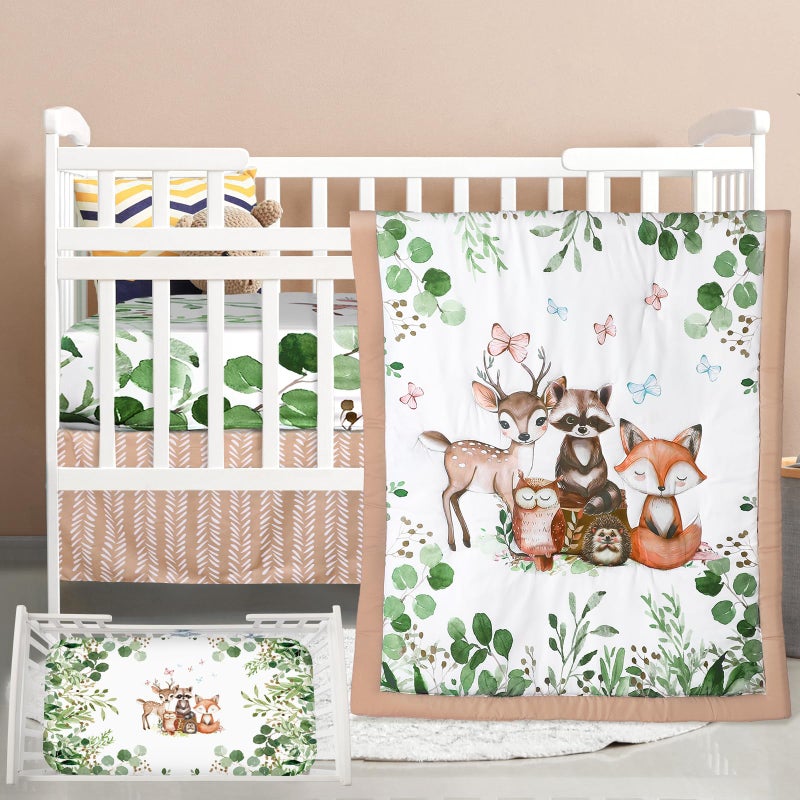 Hahafelt 3 Pcs Baby Crib Bedding Set Safari Animals Dinosaurs Bear Woodland Animals Jungle Crib Set Includes Quilt Fitted Sheet Skirt for Baby Boy GirlGreenWoodland Raccoons Deer Etc - Image 2