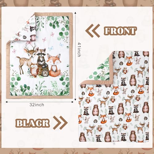 Hahafelt 3 Pcs Baby Crib Bedding Set Safari Animals Dinosaurs Bear Woodland Animals Jungle Crib Set Includes Quilt Fitted Sheet Skirt for Baby Boy GirlGreenWoodland Raccoons Deer Etc - Image 3