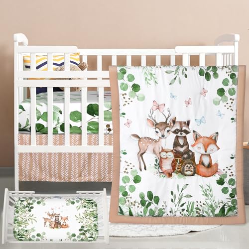 Hahafelt 3 Pcs Baby Crib Bedding Set Safari Animals Dinosaurs Bear Woodland Animals Jungle Crib Set Includes Quilt Fitted Sheet Skirt for Baby Boy GirlGreenWoodland Raccoons Deer Etc - Image 1