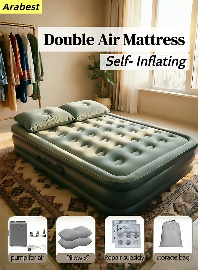 Arabest Double Self-Inflating Air Mattress | 2-Minute Built-in Pump | 205x152x40cm | with 2 Pillows, Repair Kit & Storage Bag | for Camping, Home Guests & Travel - Image 1