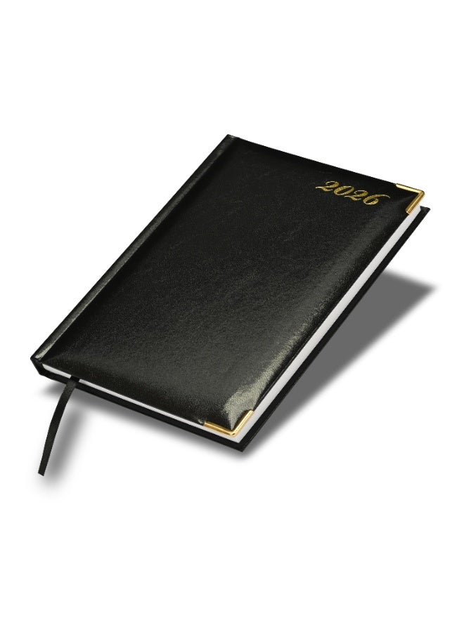 FIS 2026 Diary, A5 Size Diary(148x210mm), Hard Cover Vinyl Materials, 1 Side Padded, Golden Corners, English, 60 gsm White Paper, Black Color-FSDI22E26BK - Image 1