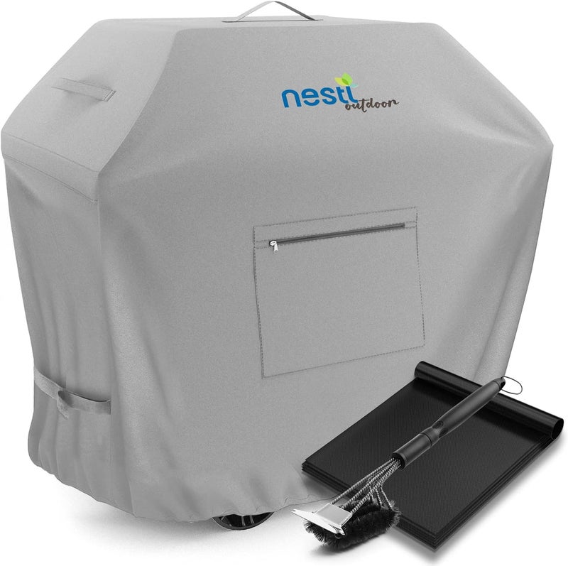 Nestl BBQ Grill Cover, Heavy Duty Grill Covers - Waterproof Gas Grill Covers, UV & Fade Resistant Barbecue Grill Cover with Front Zipper Pocket, 6 Grill Mats & BBQ Brush - 72 Inch, Gray - Image 1