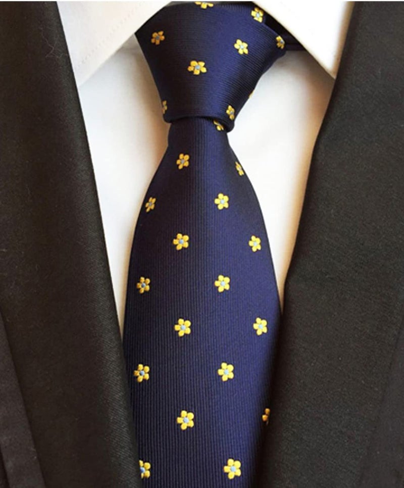 Secdtie رباط عنق حرير يدوي للرجال والأولاد باللون الأزرق navy والأصفر مزخرف بالأزهار بتصميم جاكار - Image 2