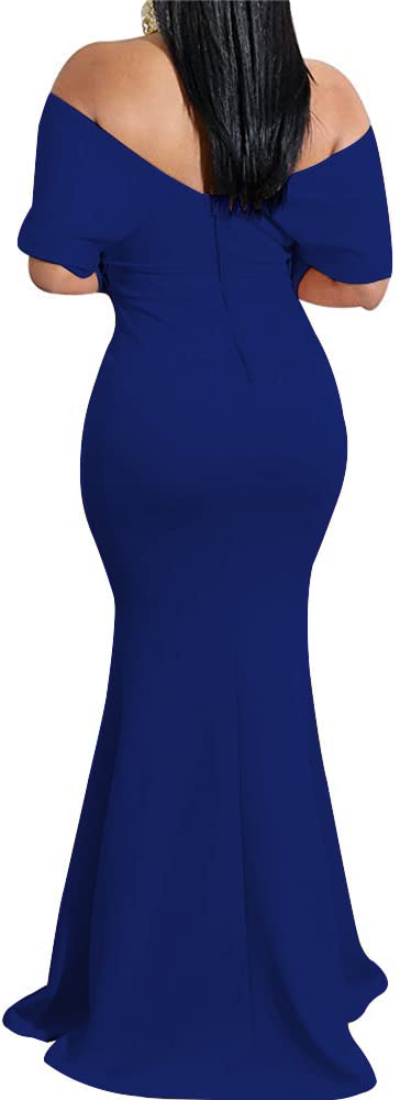 sexycherry Elegant Cocktail Dresses for Women Off Shoulder Blue Cocktail Floor Length Long Dress with Zipper for Evening Party(2X-Large) - Image 2