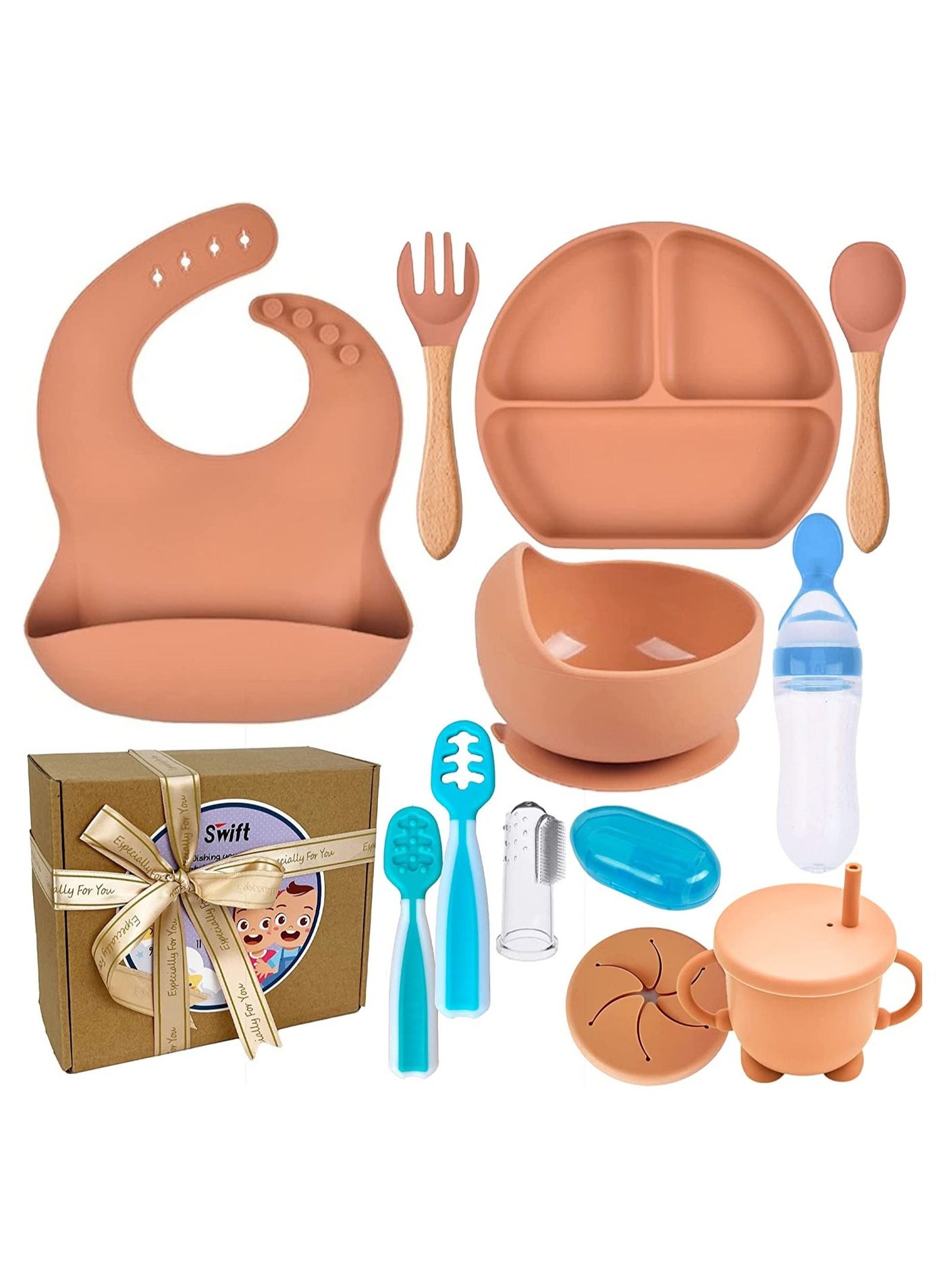 Baby Feeding Set 11-Piece, Baby Led Weaning Utensils Set Includes Suction Bowl and Plate, Baby Spoon and Fork, Sippy Cup with Straw and Lid, Spoon Set Stage 1 and Stage 2, Food Feeder, Gift Packaging