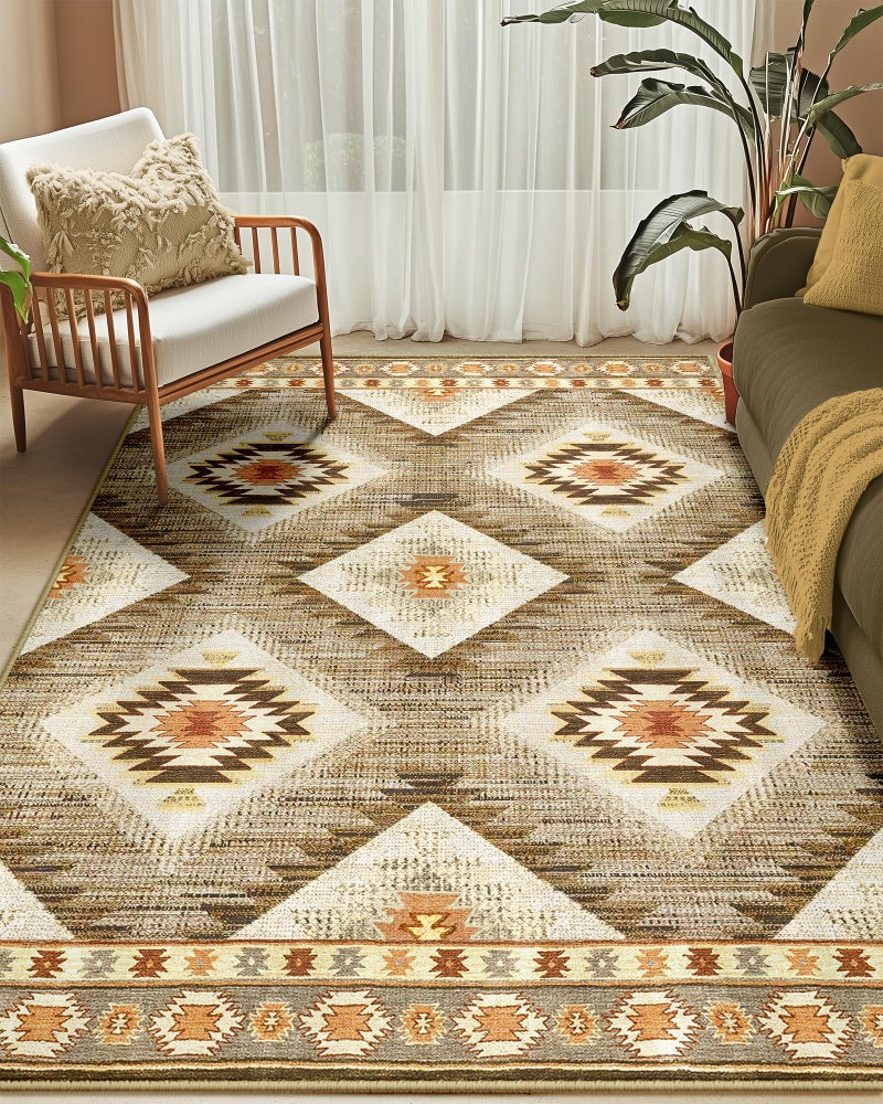 BESTSWEETIE Area Rug 5x7 Rug Machine Washable Non-Slip Low Pile Print Pattern Western Rug for Living Room Bedroom Entryway Tribal Series -Cream/Camel - Image 3