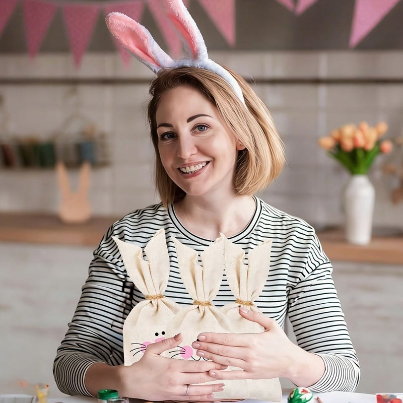 2pcs Bunny Drawstring Burlap Gift Bags for Easter Treats Party Favors - Image 4