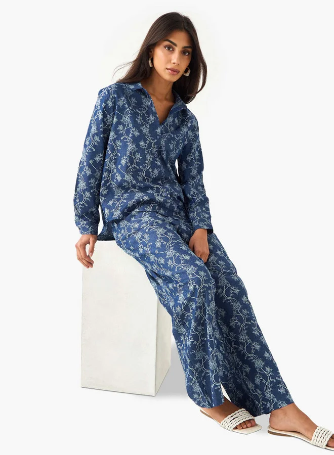 Splash FAV Denim Coord Set with Shirt & Wide Leg Pants