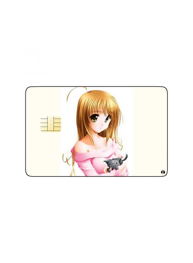 RKN PRINTED BANK CARD STICKER Cute Girl Drawing In Pink Dress With Cat - Image 2