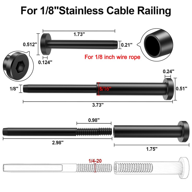BLIKA 40 Pairs 1/8" Invisible Black Cable Railing Kits for 2"x2", 4"x4" Wood/Metal Posts, T316 Stainless Steel Invisible Tensioner and Ends, Deck Stair Black Cable Railing Hardware 4x4 - Image 2