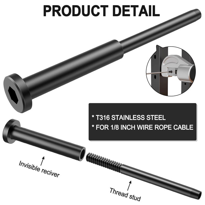 BLIKA 40 Pairs 1/8" Invisible Black Cable Railing Kits for 2"x2", 4"x4" Wood/Metal Posts, T316 Stainless Steel Invisible Tensioner and Ends, Deck Stair Black Cable Railing Hardware 4x4 - Image 4