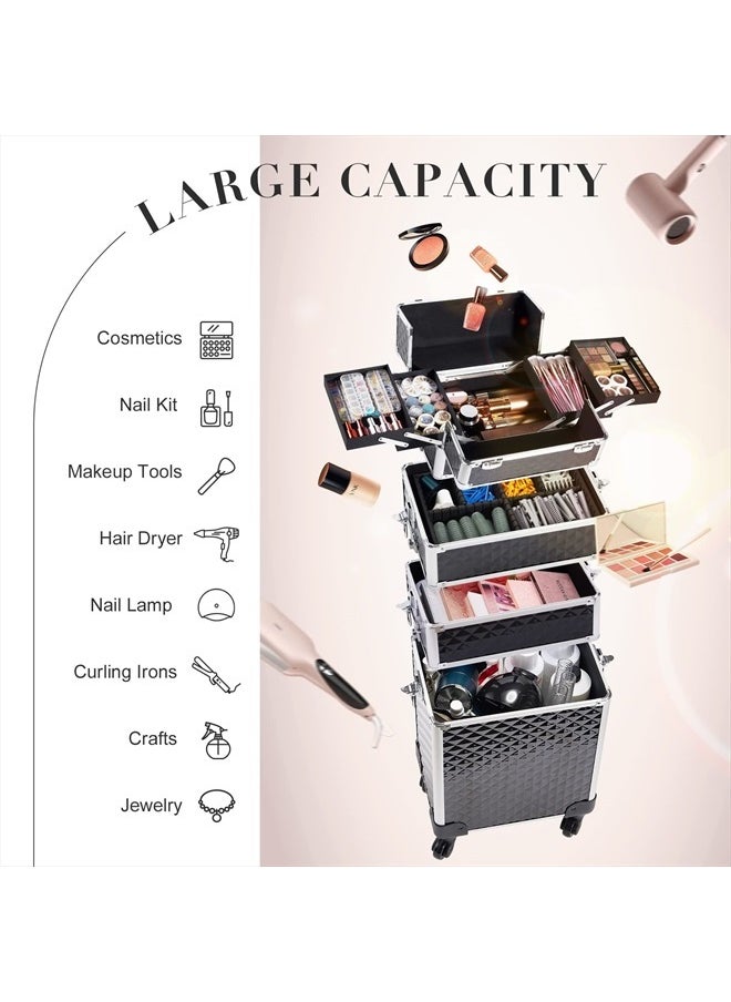 Stagiant Rolling Makeup Train Case Large Storage Cosmetic Trolley 4 in 1 Large Capacity Trolley Makeup Travel Case with Key Swivel Wheels Salon Barber Case Traveling Cart Trunk - Black  - Image 2
