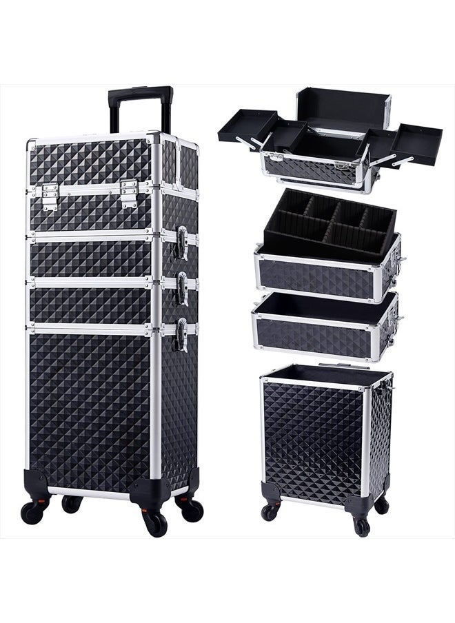 Stagiant Rolling Makeup Train Case Large Storage Cosmetic Trolley 4 in 1 Large Capacity Trolley Makeup Travel Case with Key Swivel Wheels Salon Barber Case Traveling Cart Trunk - Black  - Image 1