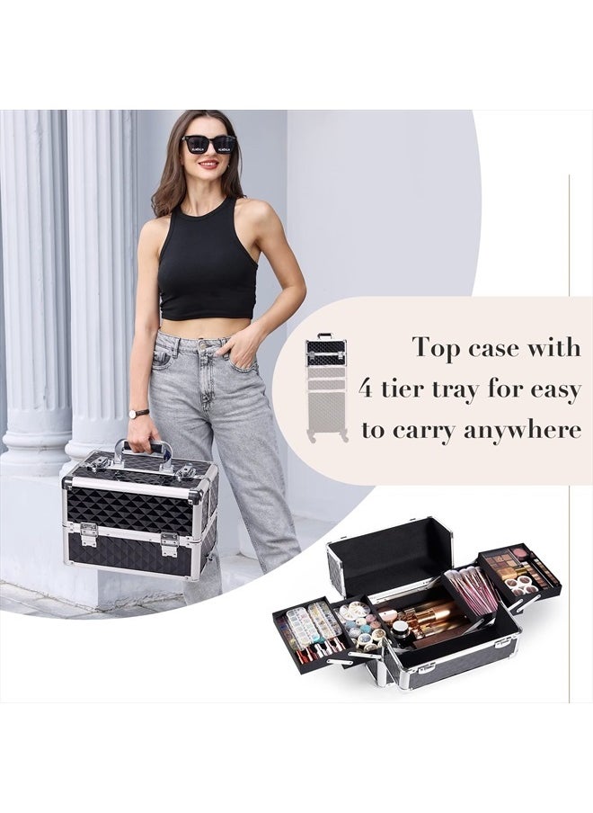 Stagiant Rolling Makeup Train Case Large Storage Cosmetic Trolley 4 in 1 Large Capacity Trolley Makeup Travel Case with Key Swivel Wheels Salon Barber Case Traveling Cart Trunk - Black  - Image 4