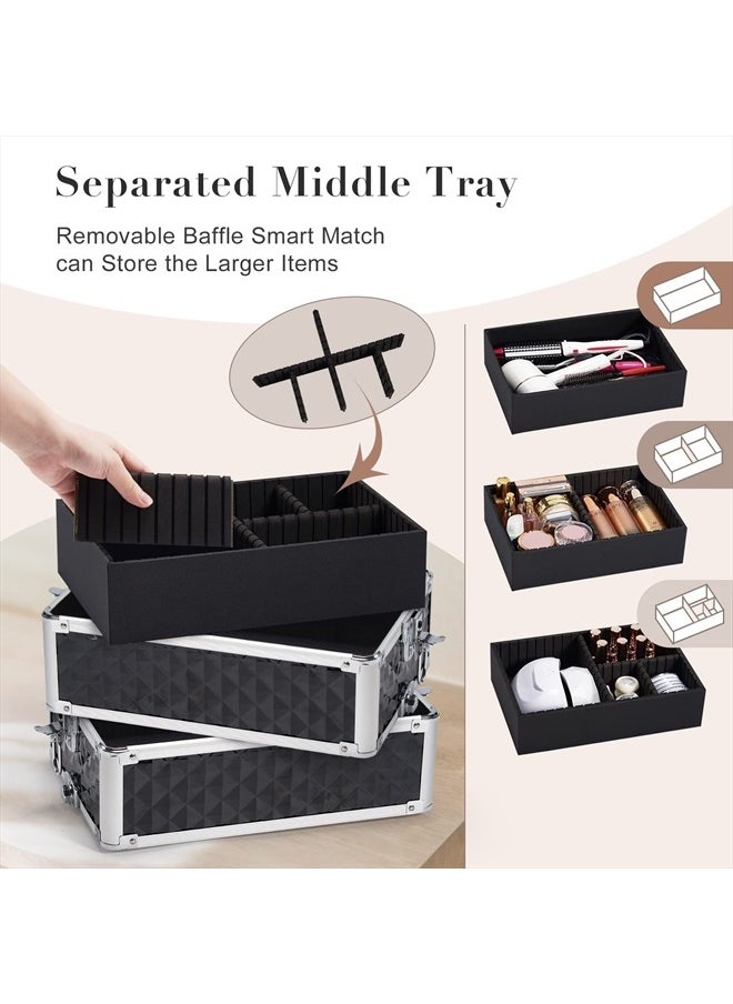 Stagiant Rolling Makeup Train Case Large Storage Cosmetic Trolley 4 in 1 Large Capacity Trolley Makeup Travel Case with Key Swivel Wheels Salon Barber Case Traveling Cart Trunk - Black  - Image 5
