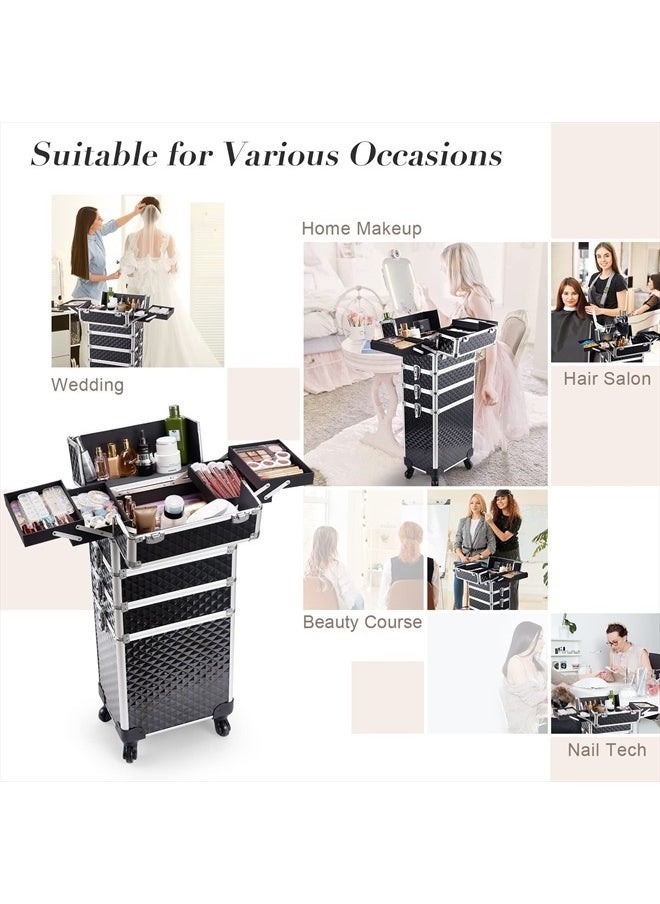 Stagiant Rolling Makeup Train Case Large Storage Cosmetic Trolley 4 in 1 Large Capacity Trolley Makeup Travel Case with Key Swivel Wheels Salon Barber Case Traveling Cart Trunk - Black  - Image 3