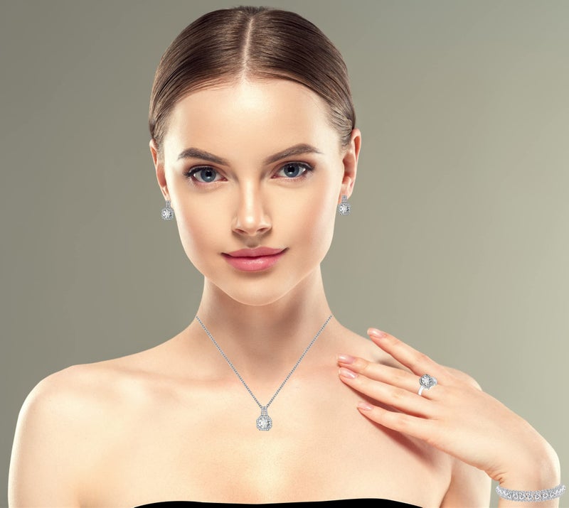 Paxuan 4pcs Cubic Zirconia Wedding Jewelry Sets for Bride Bridesmaid Cubic Zirconia Pendant Necklace Earrings Link Tennis Bracelet Open Ring Set for Women - Image 2