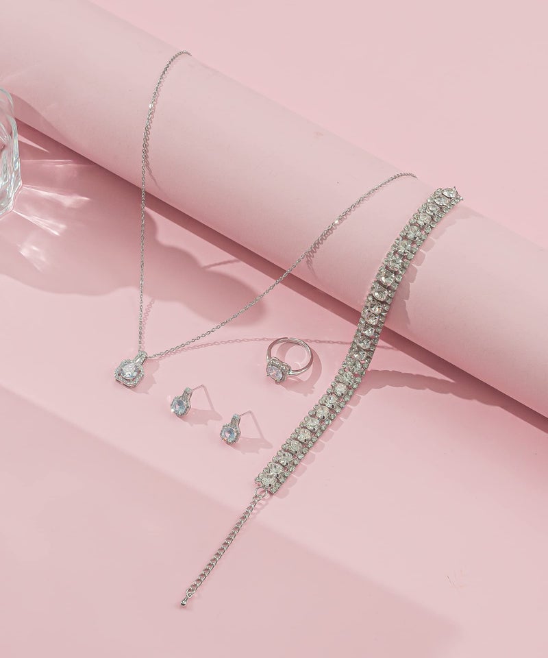 Paxuan 4pcs Cubic Zirconia Wedding Jewelry Sets for Bride Bridesmaid Cubic Zirconia Pendant Necklace Earrings Link Tennis Bracelet Open Ring Set for Women - Image 3
