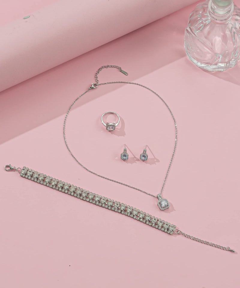 Paxuan 4pcs Cubic Zirconia Wedding Jewelry Sets for Bride Bridesmaid Cubic Zirconia Pendant Necklace Earrings Link Tennis Bracelet Open Ring Set for Women - Image 4