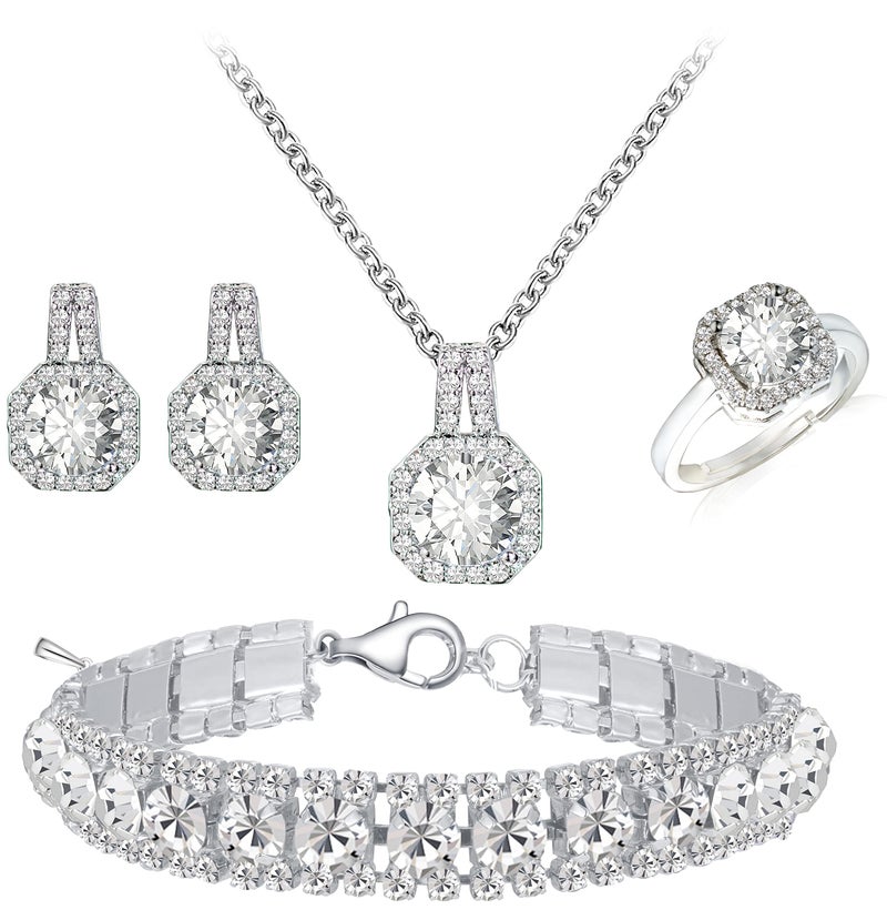 Paxuan 4pcs Cubic Zirconia Wedding Jewelry Sets for Bride Bridesmaid Cubic Zirconia Pendant Necklace Earrings Link Tennis Bracelet Open Ring Set for Women - Image 1