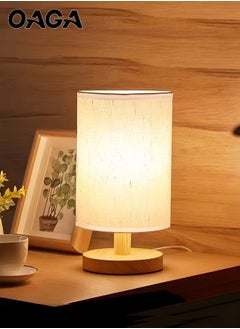 OAGA LED White Light Bedroom Table Lamp, with Linen Fabric Lampshade and Wooden Base, Modern Bedside Lamp, Living Room, Study Room 14x27x12cm  - Image 1