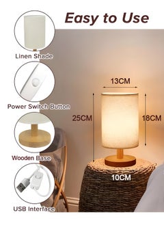 OAGA LED White Light Bedroom Table Lamp, with Linen Fabric Lampshade and Wooden Base, Modern Bedside Lamp, Living Room, Study Room 14x27x12cm  - Image 3