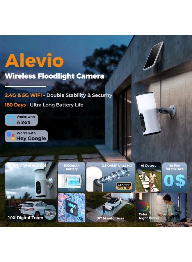 2.5K Solar Surveillance Camera WIFI Wireless Outdoor Home Surveillance Cameras with Ultra Standby Time Battery Color Night Vision AI Detection Floodlight Monitoring Camera White - Image 2