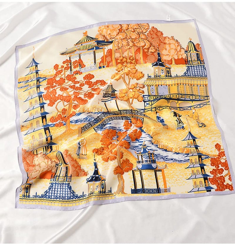 MEISEE 100% Pure Mulberry Silk Square Scarf 26"x26"-65CM Head Scarf for Women Natural Silk Neckerchief Printed Headscarf-orange landscape - Image 3