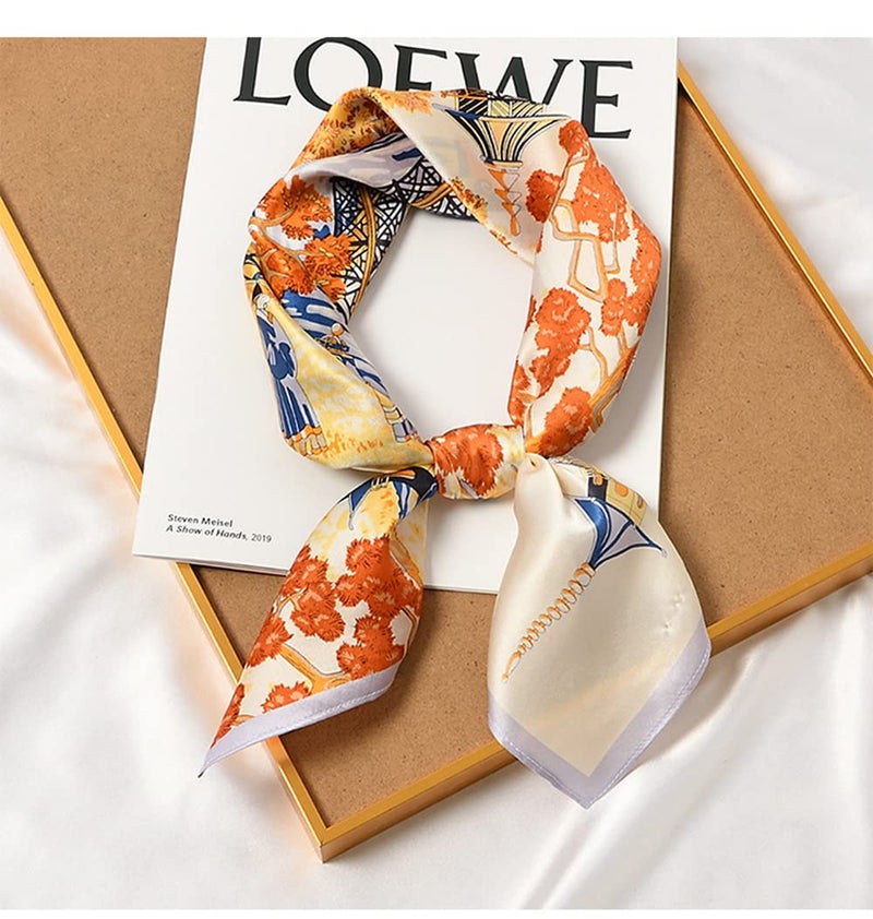 MEISEE 100% Pure Mulberry Silk Square Scarf 26"x26"-65CM Head Scarf for Women Natural Silk Neckerchief Printed Headscarf-orange landscape - Image 2