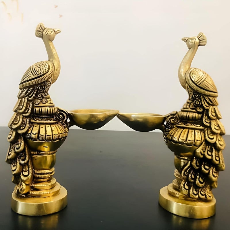 ARTSIKIA ARTSIKIA Brass Peacock Diya Pair Antique Golden Color Pair of Peacock Design Deepak for Home Dcor Temple Pooja Ghar Festival Gift Item Wt 2 Kg 