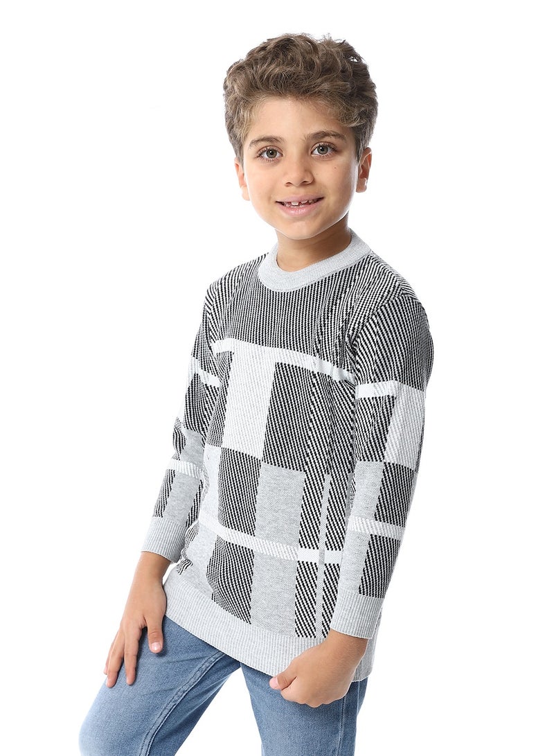 Andora Self Pattern Long Sleeves Boys Pullover_ Grey, Black & White - Image 2