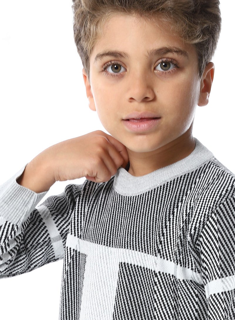 Andora Self Pattern Long Sleeves Boys Pullover_ Grey, Black & White - Image 4