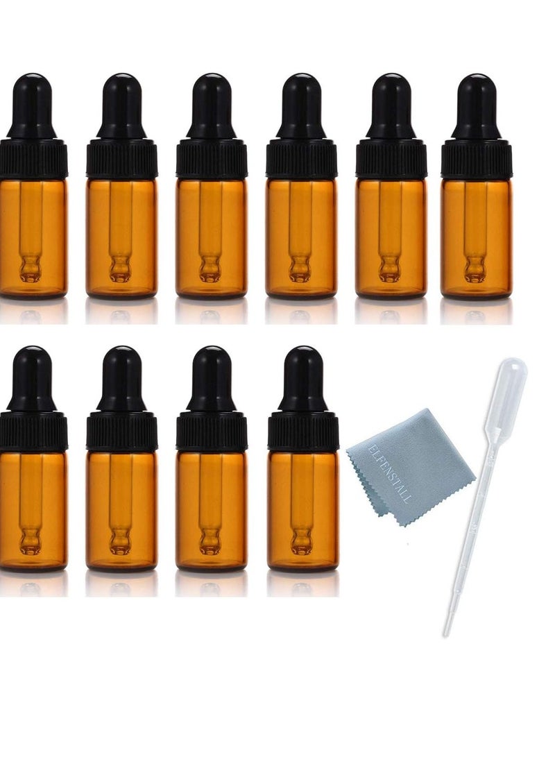 ELFENSTALL ELFENSTALL- 10pcs 10ml 1/3oz Amber Mini Glass Bottle Amber Sample Vial Small Essential Oil Bottle with Glass Eye Dropper Refillable Containers + 1pc Glass Clean Cloth + 1pc 3ml Dropper - Image 2