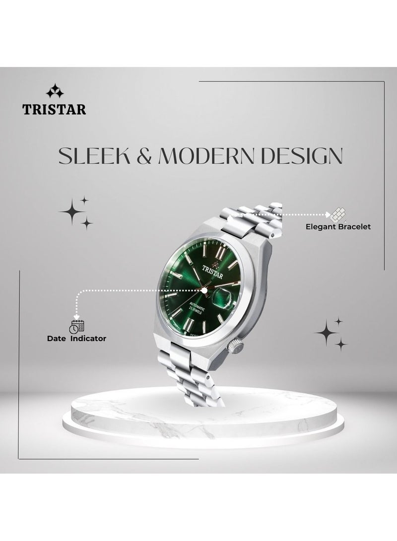 Tristar ساعة أوتوماتيكية للرجال من تريستار NJ سلسلة بقرص أخضر من الفهرس بحزام من الفولاذ المقاوم للصدأ - Image 2