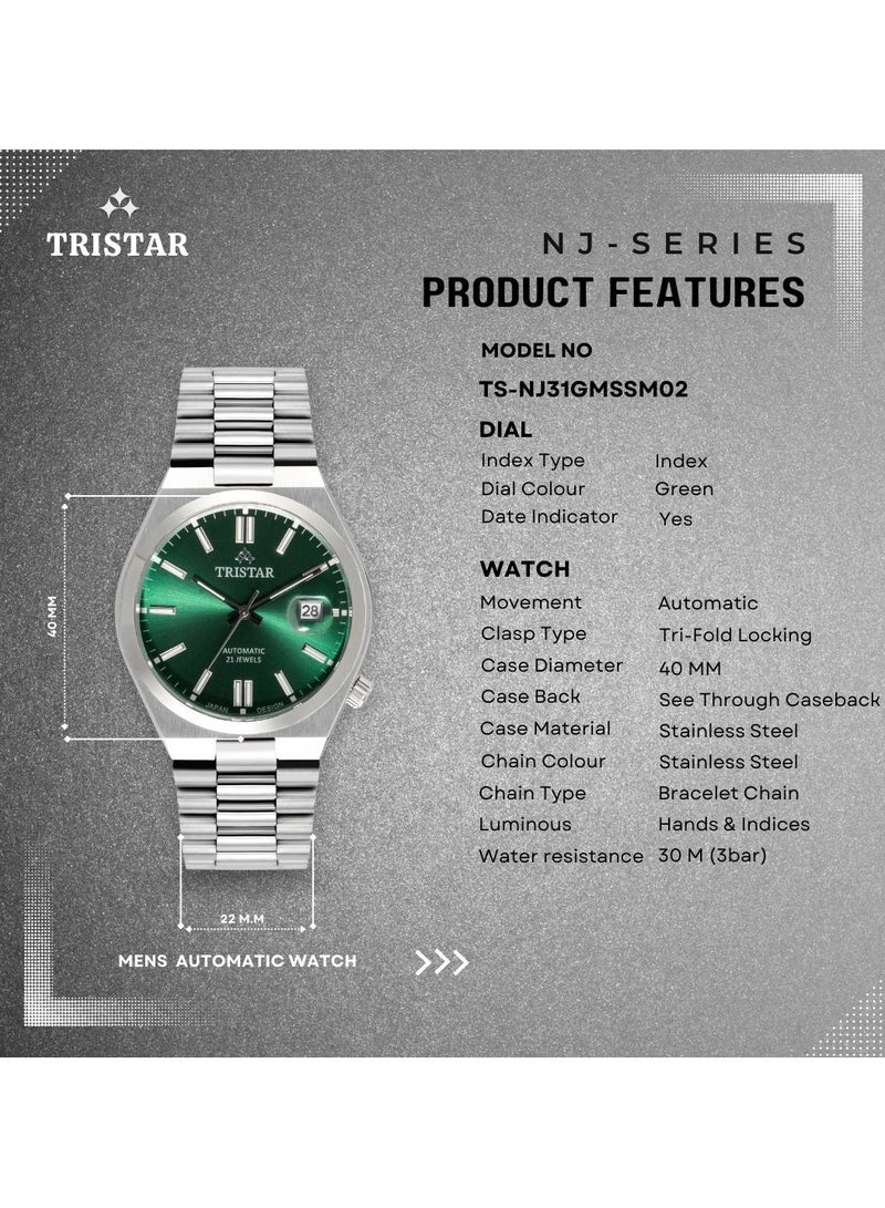 Tristar ساعة أوتوماتيكية للرجال من تريستار NJ سلسلة بقرص أخضر من الفهرس بحزام من الفولاذ المقاوم للصدأ - Image 4
