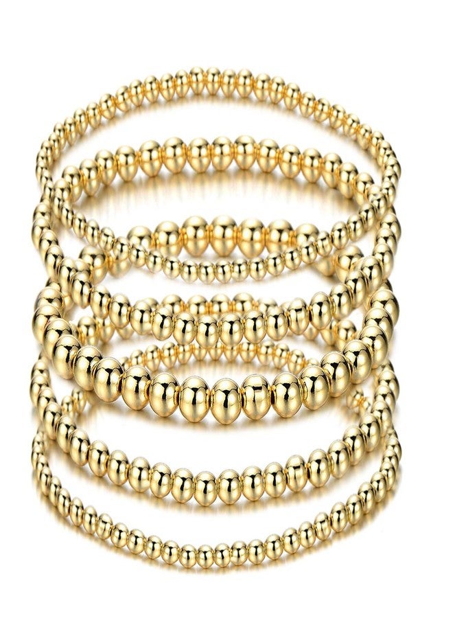 ARATLENCH Beaded Bracelet for Women Stack Stretch String Brass Ball Beads Bracelet Set for Womens (5 pcs gold beads bracelet) - Image 1