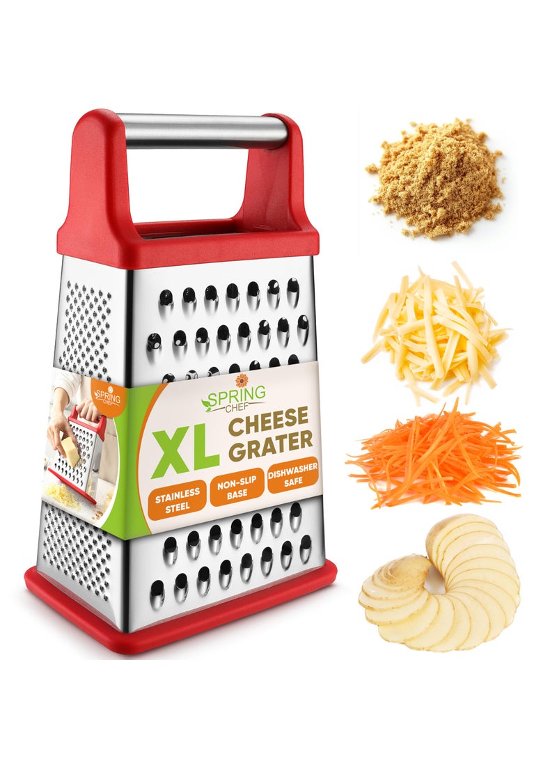 Spring Chef Spring Chef Professional Cheese Grater  Stainless Steel 4 Sided Box Grater for Kitchen XL Size  Perfect Shredder for Parmesan Cheese Carrot Potato Ginger  Dishwasher Safe  Red 