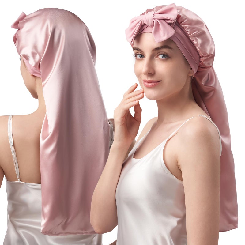 YFONG Double-Layered 100% Pure Mulberry Silk Bonnet for Long Hair, 22 Momme Silk Hair Bonnet for Sleeping with Elastic Tie Band, Real Silk Sleep Cap for Women Long Curly Hair, Pink - Image 1