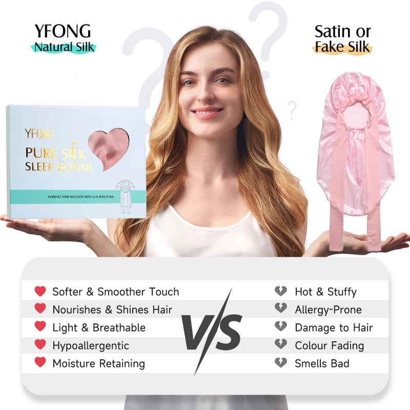 YFONG Double-Layered 100% Pure Mulberry Silk Bonnet for Long Hair, 22 Momme Silk Hair Bonnet for Sleeping with Elastic Tie Band, Real Silk Sleep Cap for Women Long Curly Hair, Pink - Image 4