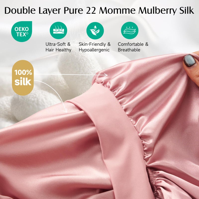 YFONG Double-Layered 100% Pure Mulberry Silk Bonnet for Long Hair, 22 Momme Silk Hair Bonnet for Sleeping with Elastic Tie Band, Real Silk Sleep Cap for Women Long Curly Hair, Pink - Image 2