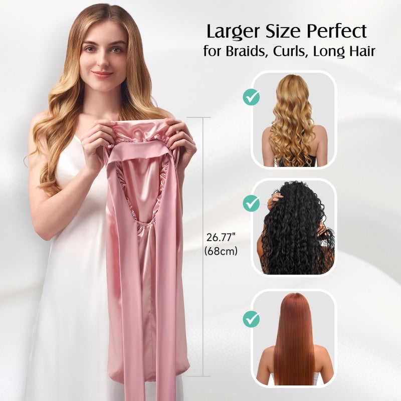 YFONG Double-Layered 100% Pure Mulberry Silk Bonnet for Long Hair, 22 Momme Silk Hair Bonnet for Sleeping with Elastic Tie Band, Real Silk Sleep Cap for Women Long Curly Hair, Pink - Image 5